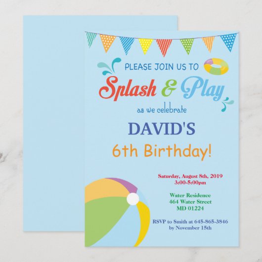 Invitation Garçon d'éclaboussure de Splish d'invitation (Devant / Derrière)