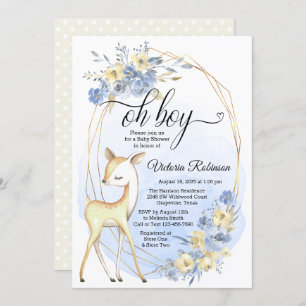Invitation Garçon Deer Oh Boy Baby Baby shower beige bleu