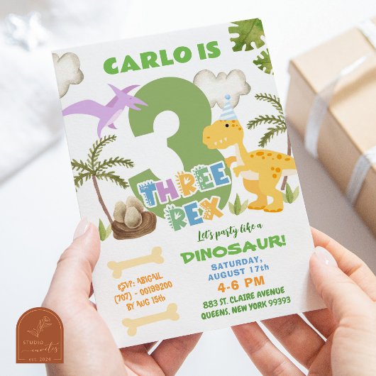 Invitation Garçon dinosaure pastel trois Rex fête d'anniversa