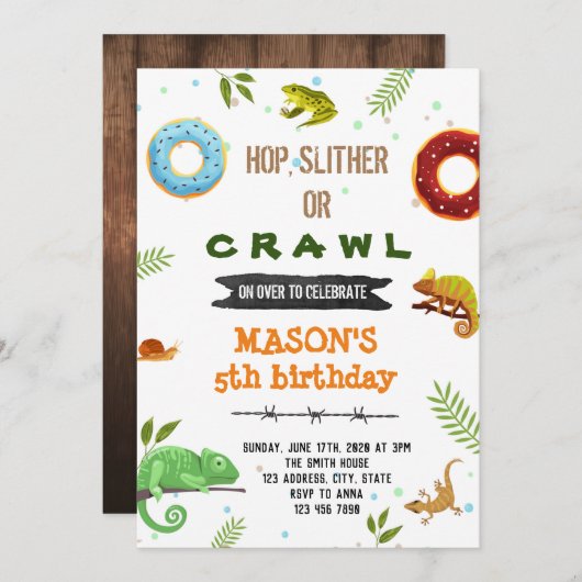 Invitation Garçon donut et fête reptile (Devant / Derrière)