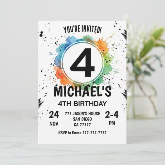 Invitation Garçon éclaboussure aquarelle 4e anniversaire (Debout devant)