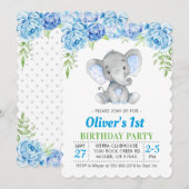Invitation Garçon éléphant bleu 1er Premier 2ème anniversaire (Devant / Derrière)
