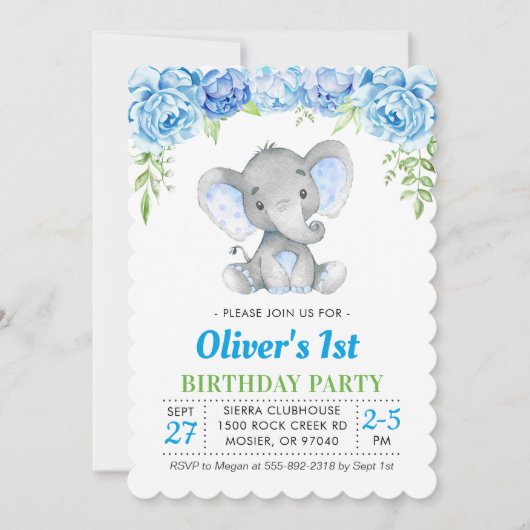 Invitation Garçon éléphant bleu 1er Premier 2ème anniversaire (Devant)