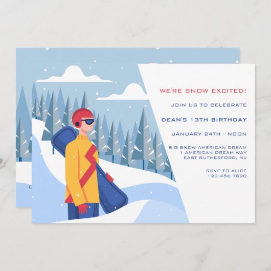 Invitation Garçon en snowboard (Devant / Derrière)