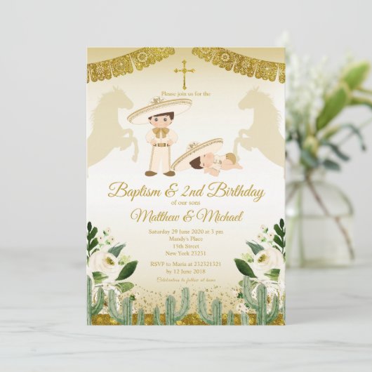 Invitation Garçon et bébé Blanc et or 2e anniversaire & Baptê (Debout devant)