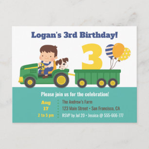 Invitation Garçon et chien sur tracteur avec ballons d'annive