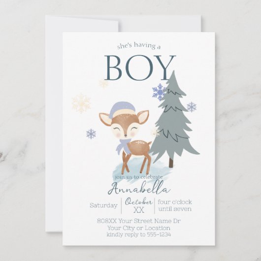 Invitation Garçon Faon de Bébé Hiver Mignon (Devant)