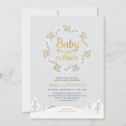 Invitation Garçon Fête de Bébé sur le thème de l'Hiver, Or (Devant)
