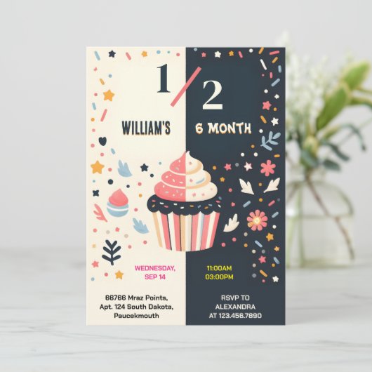 Invitation Garçon Fille 6 Mois Semi-année Fête Demi-anniversa (Debout devant)