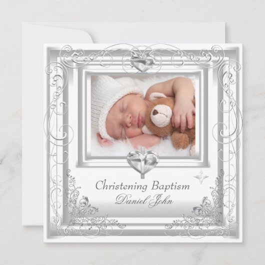 Invitation Garçon Fille Blanc Baptême Croix (Devant)