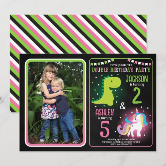 Invitation Garçon Fille Dinosaure Licorne Anniversaire Commun (Devant / Derrière)
