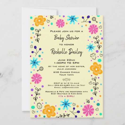 Invitation Garçon fille Floral Jaune mignonne Baby shower Inv (Devant)
