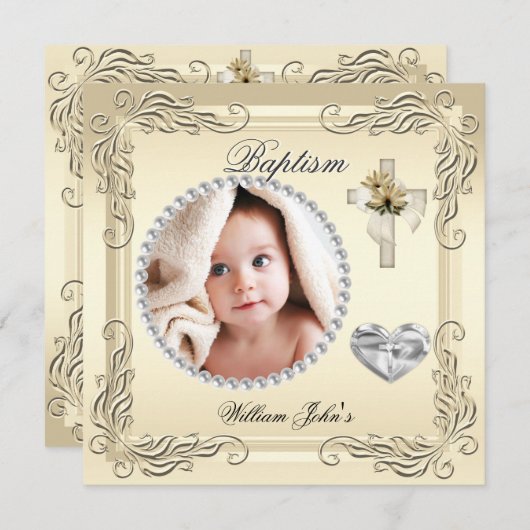 Invitation Garçon Fille Or Crème Baptême Baptême Croix (Devant / Derrière)