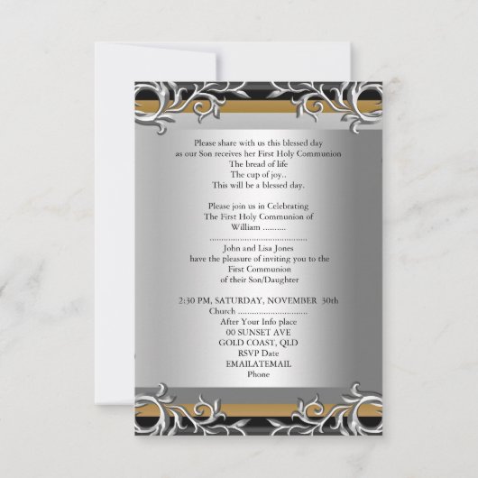 Invitation Garçon Fille Première Sainte Communion Argent Or P (Dos)