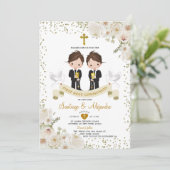 Invitation Garçon Fleur blanche 1ère Sainte Communion Or (Debout devant)