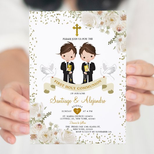 Invitation Garçon Fleur blanche 1ère Sainte Communion Or