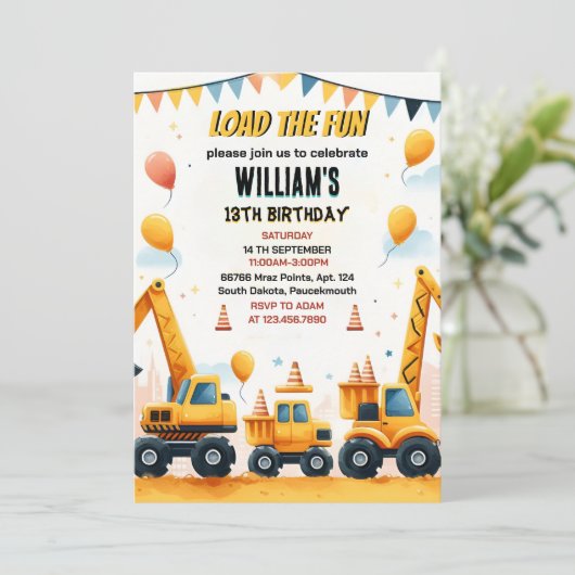 Invitation garçon gamins Construction simple camions 5e anniv (Debout devant)