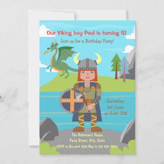 Invitation Garçon guerrier Viking et dragon Fête d'anniversai (Devant)