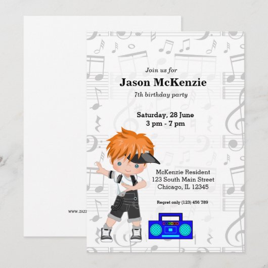 Invitation garçon Hip hop (Devant / Derrière)