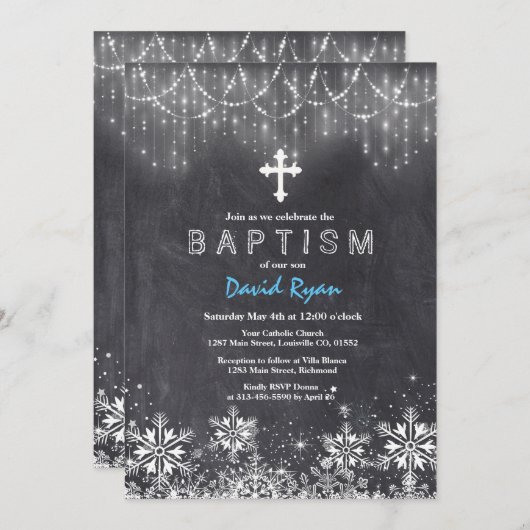 Invitation Garçon Hiver Chaîne Lumières Flammes de neige Chal (Devant / Derrière)