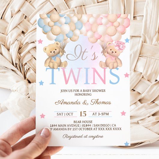 Invitation Garçon Jumeaux Ours Avec Baby shower Ballons