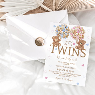 Invitation Garçon Jumeaux Ours Ballons Baby shower rustique