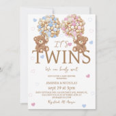 Invitation Garçon Jumeaux Ours Ballons Baby shower rustique (Devant)