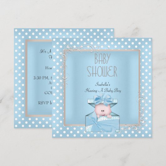 Invitation Garçon Mignon Baby Shower Bleu Blanc Points (Devant / Derrière)