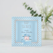 Invitation Garçon Mignon Baby Shower Bleu Blanc Points (Debout devant)