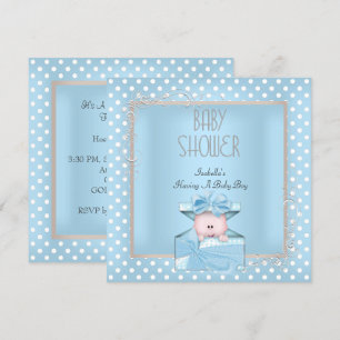 Invitation Garçon Mignon Baby Shower Bleu Blanc Points