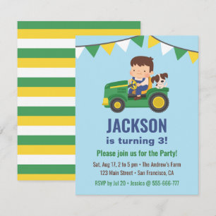 Invitation Garçon mignon et chien sur tracteur fête d'anniver