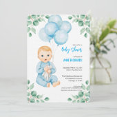 Invitation Garçon mignon eucalyptus moderne ballons bleus  (Debout devant)