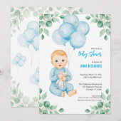 Invitation Garçon mignon eucalyptus moderne ballons bleus  (Devant / Derrière)
