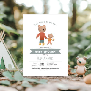 Invitation Garçon Mignon Ours de la Forêt de Bois Bleu Baby S