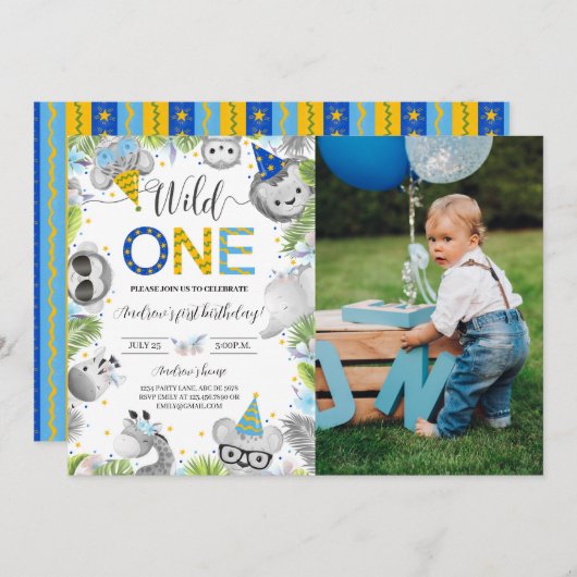 Invitation Garçon mignonne Bébé Animaux Wild One Photo (Devant / Derrière)
