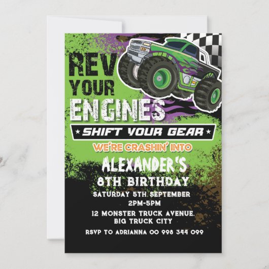 Invitation Garçon Monster Truck Vert (Devant)