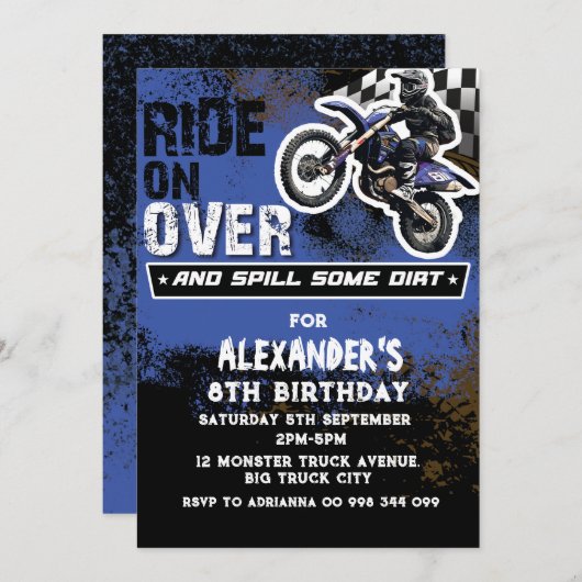 Invitation Garçon moto cross bleu 2e 3e 4e 6e 7e 8e 9e (Devant / Derrière)