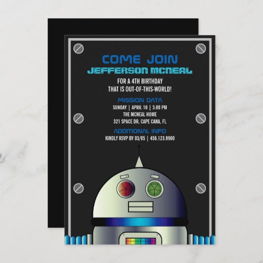 Invitation garçon N'IMPORTE QUEL ÂGE L'espace ROBOT Fête scie (Devant / Derrière)