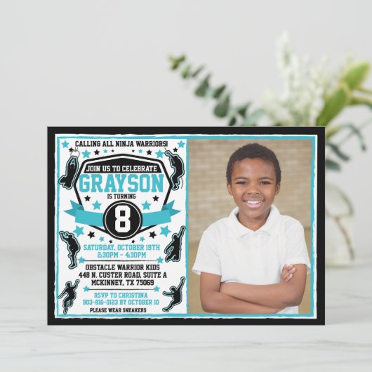 Invitation Garçon Ninja Warrior Noir et sarcelle Photo (Debout devant)