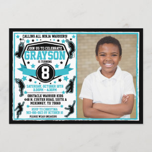 Invitation Garçon Ninja Warrior Noir et Sarcelle Photo