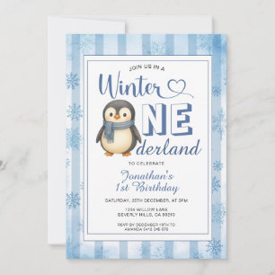 Invitation Garçon Onederland Hiver Manchot Anniversaire Floco