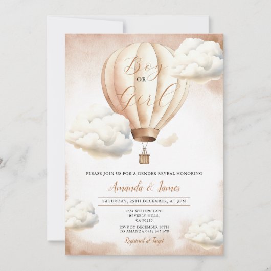 Invitation Garçon ou fille Beige Hot Air Balloon Révélation d (Devant)