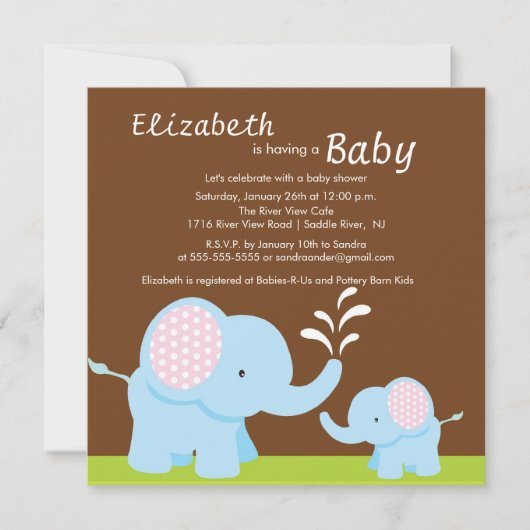 Invitation Garçon ou fille de baby shower d'éléphant de maman (Devant)