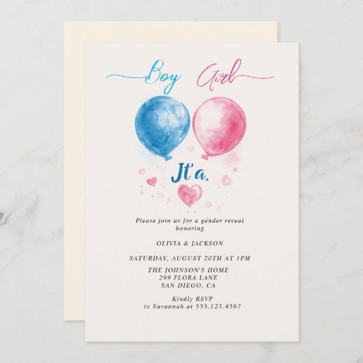 Invitation Garçon ou fille et ballons Sexe Reveal Party (Devant / Derrière)