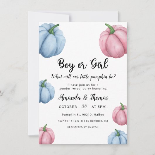 Invitation Garçon ou fille - fête Citrouille - révélation de  (Devant)