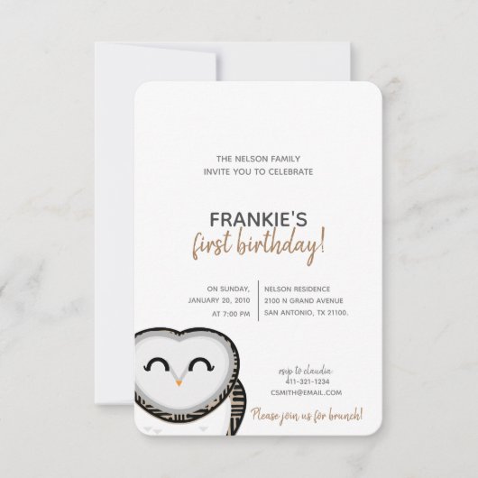 Invitation garçon ou fille N'IMPORTE QUEL ÂGE boisé OWL BIRTH (Devant)