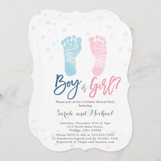 Invitation Garçon ou fille pieds bébé Révélation de genre (Devant / Derrière)