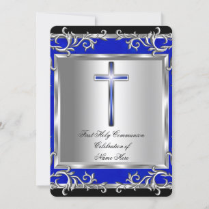 Invitation Garçon ou fille première communion argent bleu
