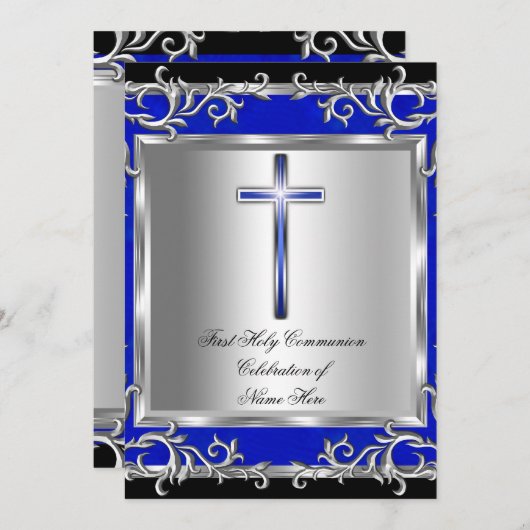 Invitation Garçon ou Fille Première Sainte Communion Bleu Arg (Devant / Derrière)