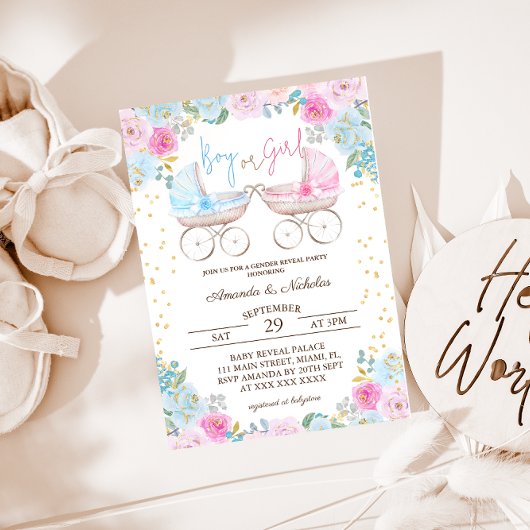 Invitation Garçon ou fille rose bleu floral Révélation de gen